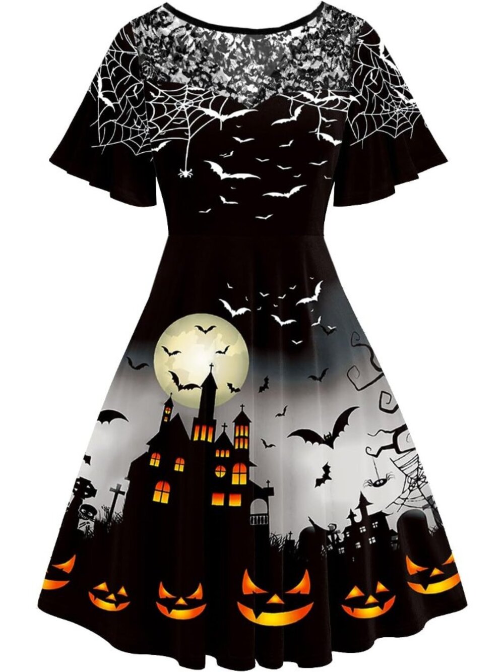 Women's Dark Black Halloween Dress Lace Flutter Sleeve A-Line Party Dresses
